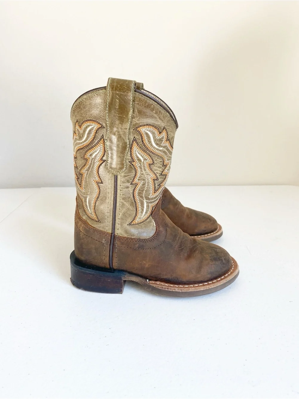Old West Kids Broad Round Toe Leather Western Boots Tan Olive Size 8.5D